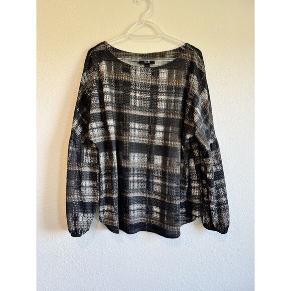 AGB Women's Black Plaid Boat Neck Sweater Boho Puff Sleeve Knit Size XL - Picture 1 of 10
